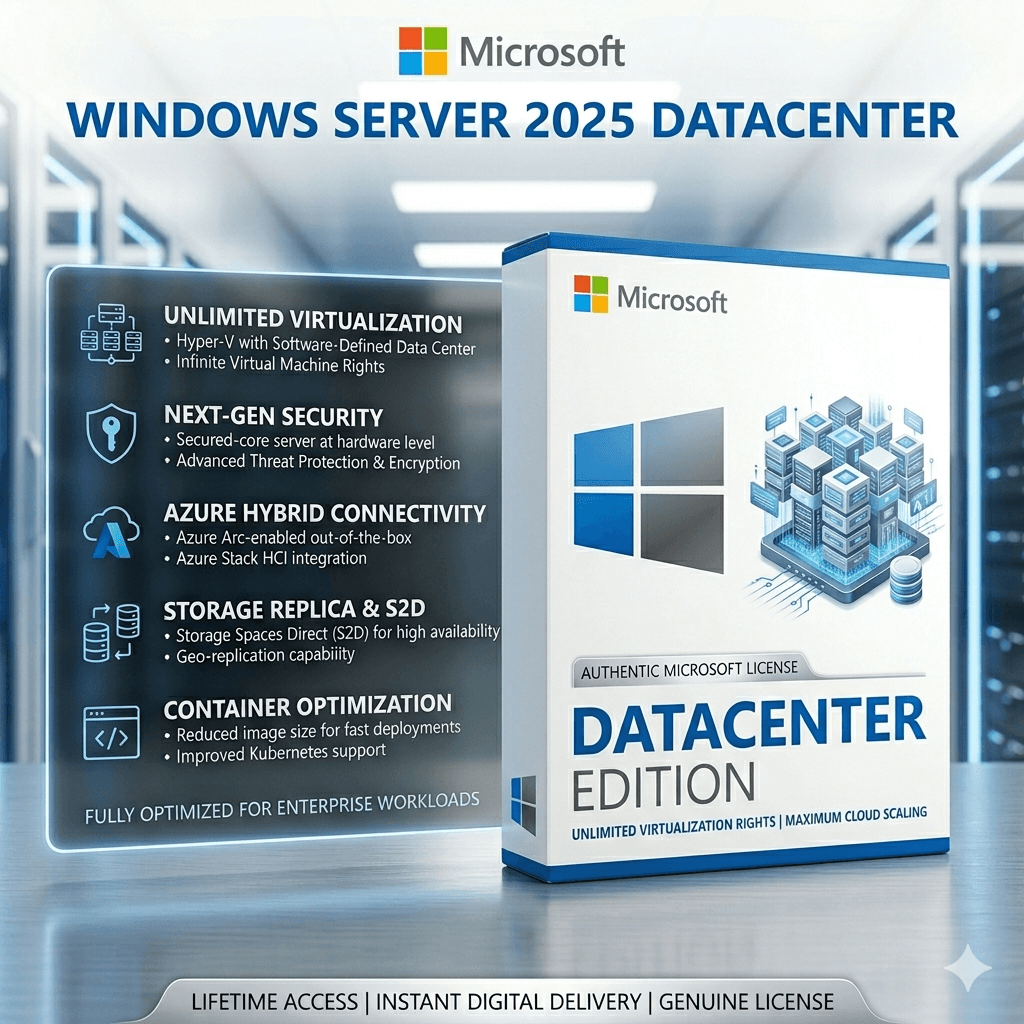 Windows Server 2025 Datacenter License – Unlimited VMs & Full Virtualization